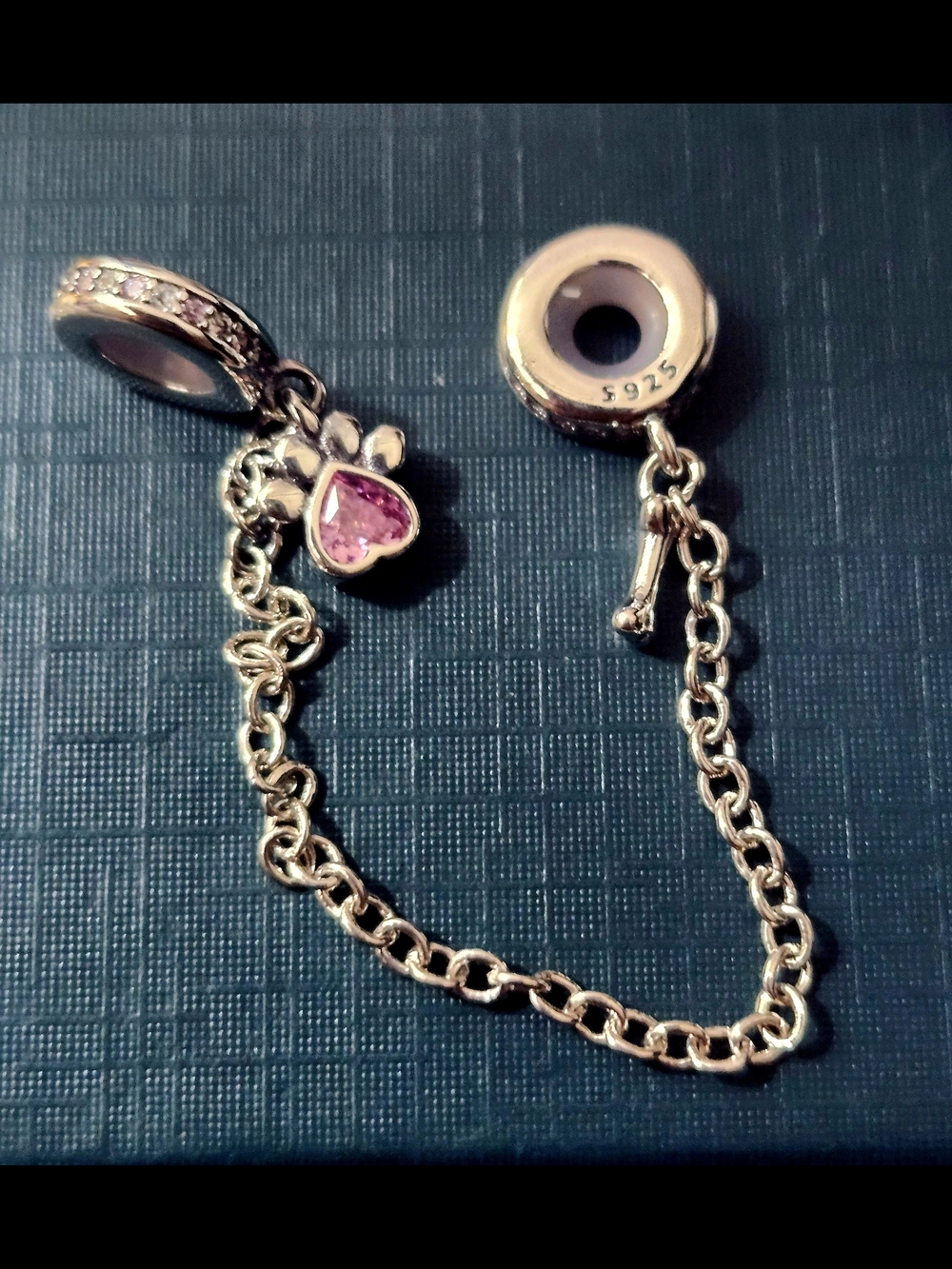 Sterling Silver Safety Chain Charm with Pink Heart Dangle